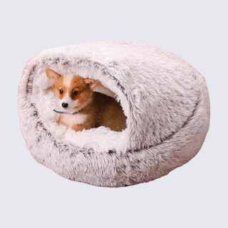 2-in-1 Round Bed with Soft Long Plush for Petite Pets
